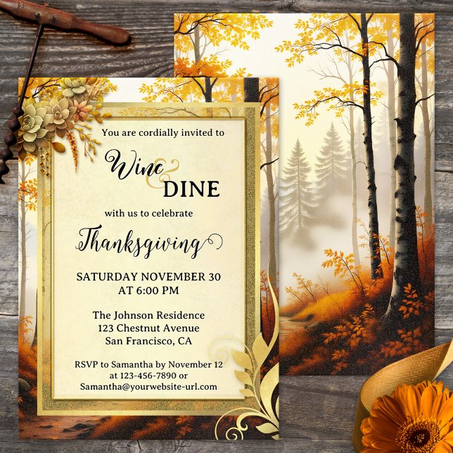 Invitación Elegante Fiesta de la cena del Día de Acción de Gr (Thanksgiving dinner party invitation featuring a gold stylized design with leaves and forest path)