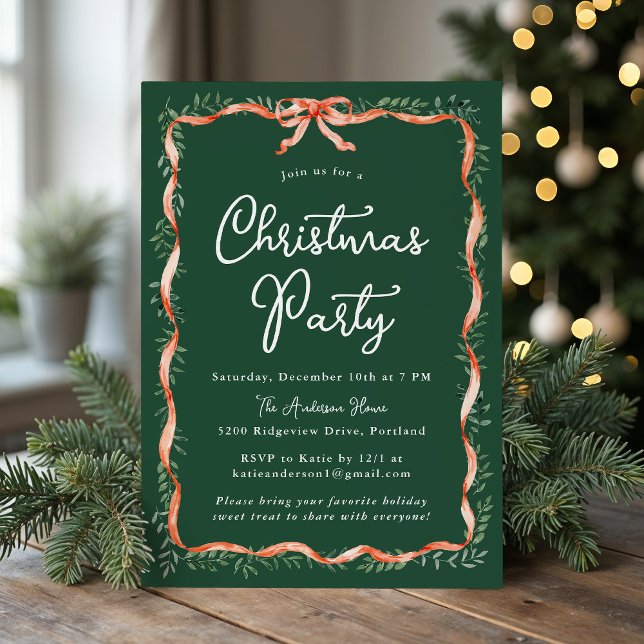 Invitación Elegante Fiesta de la cinta roja y Navidades verde (Subido por el creador)