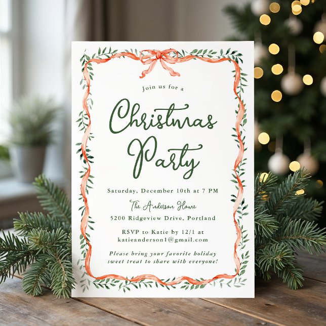 Invitación Elegante Fiesta de la cinta roja y Navidades verde (Subido por el creador)