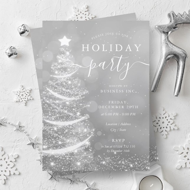 Invitación Elegante fiesta de la Compañía de Árboles de Navid (Elegant Silver Christmas Tree Company Holiday Invitation)
