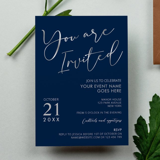 Invitación Elegante Fiesta de la Compañía Navy Blue & Silver  (Elegant navy blue and faux silver business event invitations with calligraphy fonts and your logo)