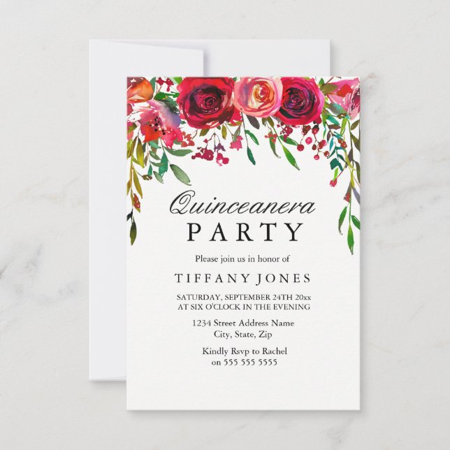 Invitación Elegante Fiesta de la Flor Rosa Roja Quinceanera (Anverso)