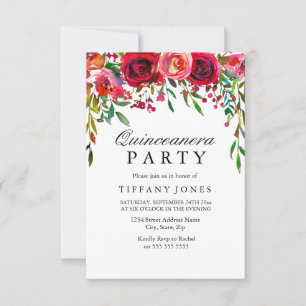 Invitación Elegante Fiesta de la Flor Rosa Roja Quinceanera