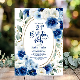 Invitación Elegante Fiesta de la Floral Azul 21 de cumpleaños