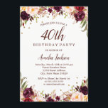 Invitación Elegante Fiesta de la Floral de Borgoña Dorada 40<br><div class="desc">Más invitaciones florales de cumpleaños en la Pequeña Tienda Bayleigh!</div>