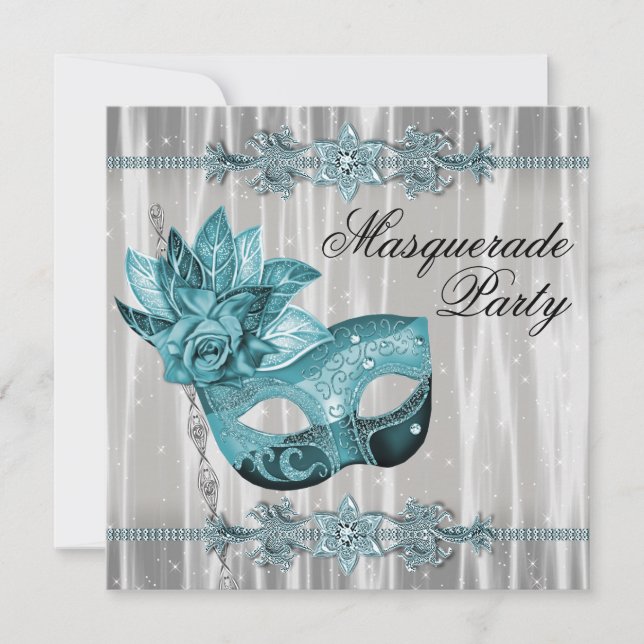 Invitación Elegante Fiesta de la Mascarada Azul Blanco y Verd (Anverso)
