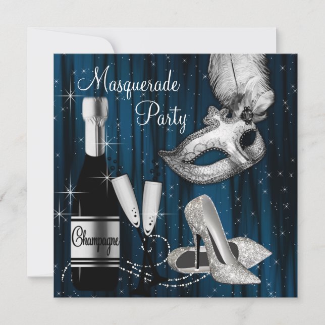 Invitación Elegante Fiesta de la Mascarada Azul de Medianoche (Anverso)