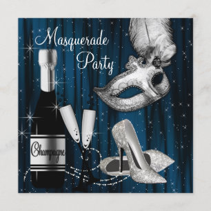 Invitación Elegante Fiesta de la Mascarada Azul de Medianoche
