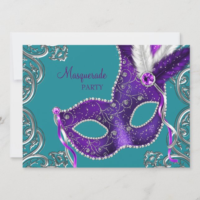 Invitación Elegante Fiesta de la Mascarada Azul Púrpura y Tur (Anverso)