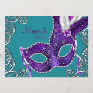 Invitación Elegante Fiesta de la Mascarada Azul Púrpura y Tur