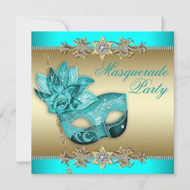 Invitación Elegante fiesta de la mascarada azul turquesa (Anverso)