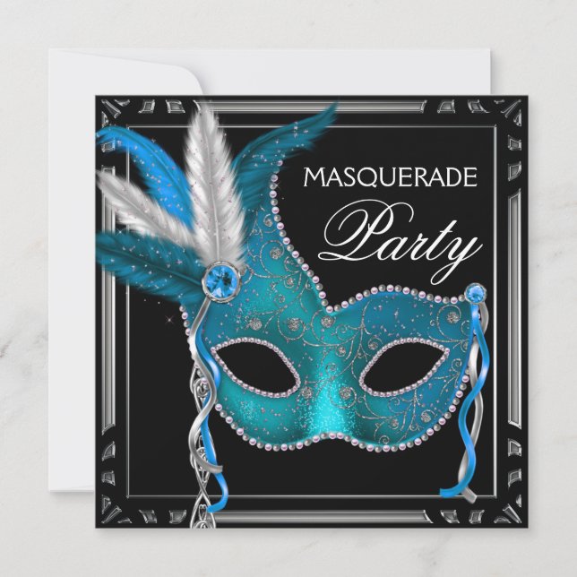 Invitación Elegante Fiesta de la Mascarada Azul Verde azulado (Anverso)