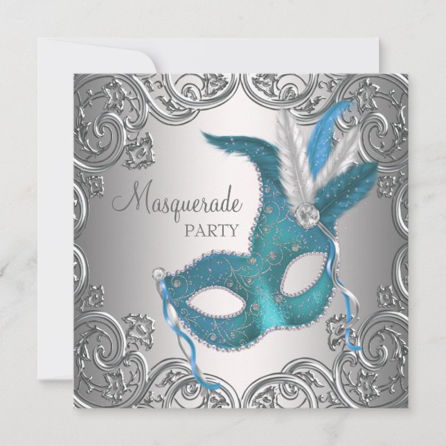 Invitación Elegante Fiesta de la Mascarada Azul Verde azulado (Anverso)