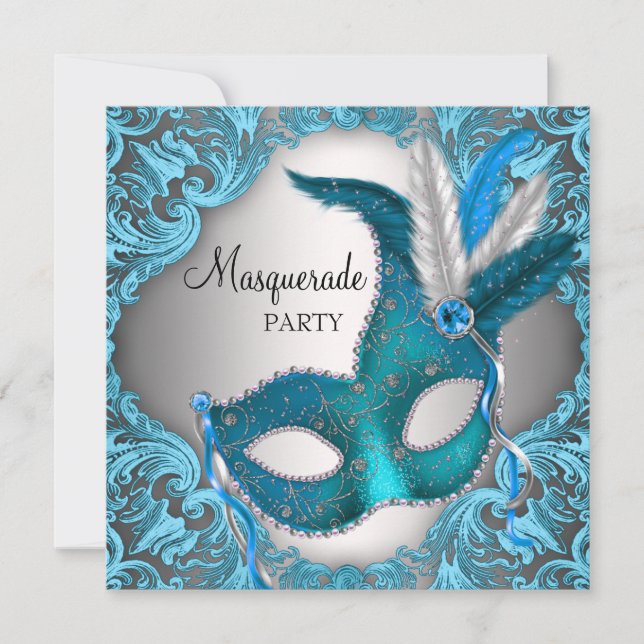 Invitación Elegante Fiesta de la Mascarada Azul Verde azulado (Anverso)