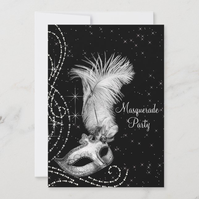 Invitación Elegante Fiesta de la mascarada blanca negra (Anverso)