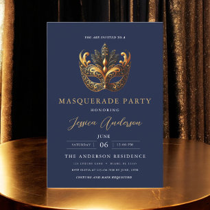 Invitación Elegante Fiesta de la Mascarada de Oro Azul de la 
