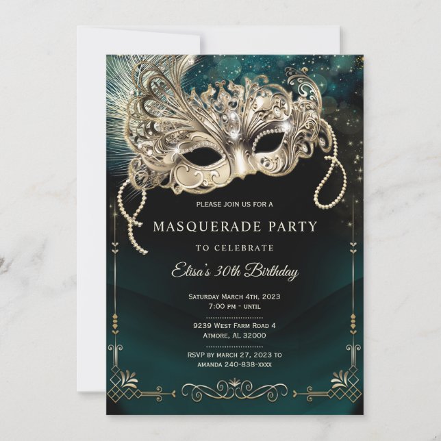 Invitación Elegante Fiesta de la mascarada de oro verde esmer (Anverso)
