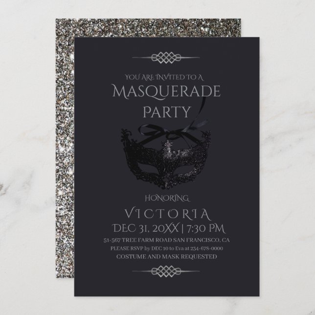 Invitación Elegante Fiesta de la Mascarada Negra Plata (Anverso / Reverso)