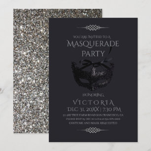 Invitación Elegante Fiesta de la Mascarada Negra Plata