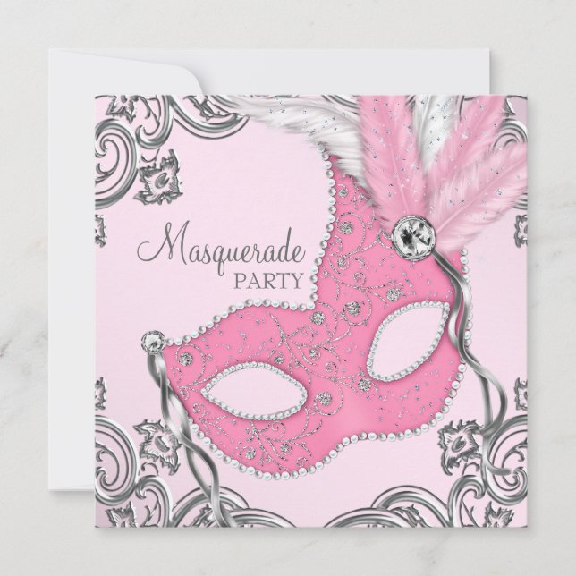 Invitación Elegante Fiesta de la Mascarada Plata y Rosa (Anverso)