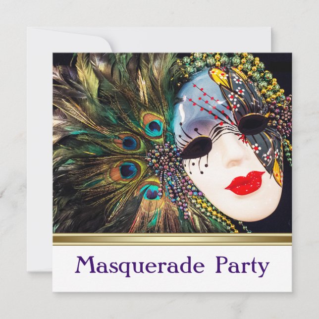 Invitación Elegante Fiesta de la Mascarada Púrpura de Peacock (Anverso)