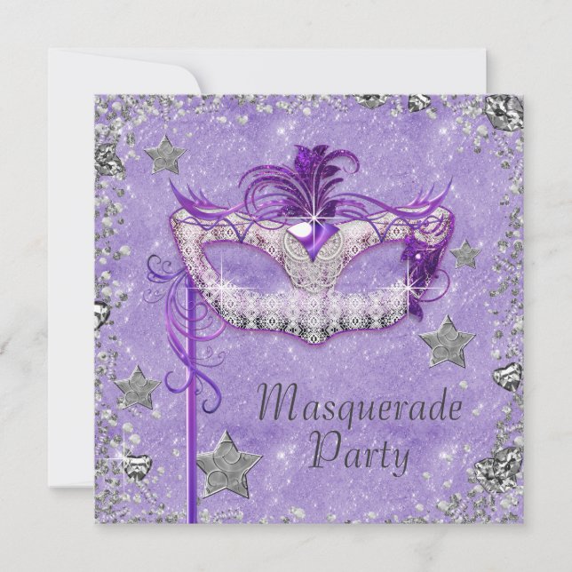 Invitación Elegante Fiesta de la Mascarada Púrpura Plata (Anverso)
