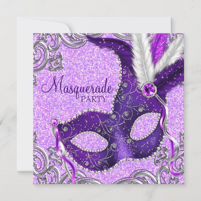 Invitación Elegante Fiesta de la Mascarada Púrpura y Rosa (Anverso)