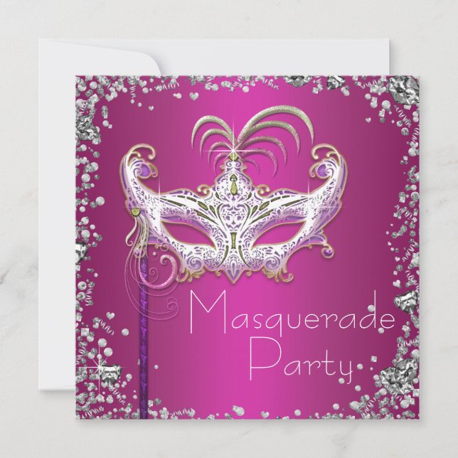 Invitación Elegante Fiesta de la mascarada rosada de Confetti (Anverso)