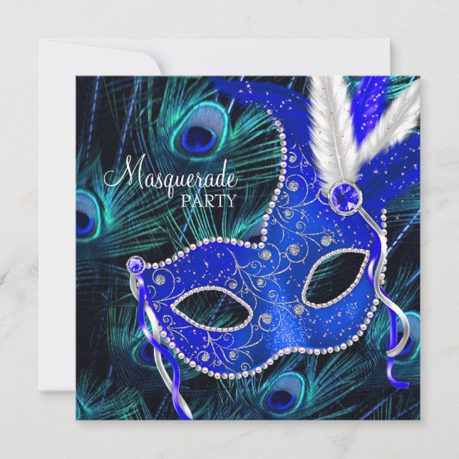 Invitación Elegante Fiesta de la Mascarada Royal Blue Peacock (Anverso)