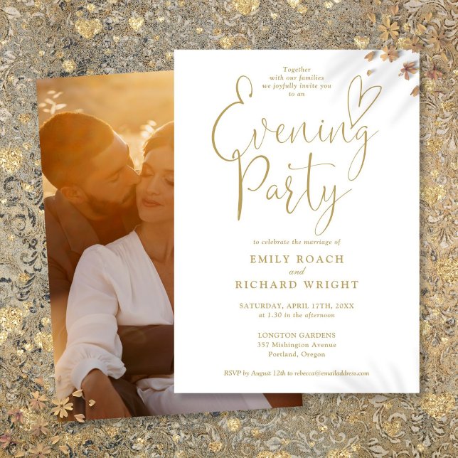 Invitación Elegante Fiesta de la noche de Boda de guiones de  (Elegant Gold Script Photo Wedding Evening Party Invitation)