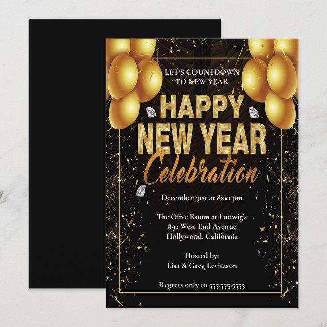 Invitación Elegante Fiesta de la víspera de Año Nuevo de los  (Anverso / Reverso)