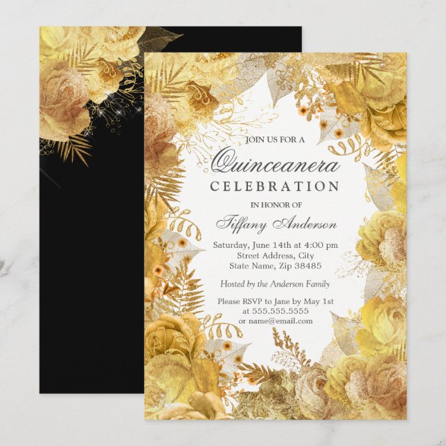 Invitación Elegante Fiesta de las Flores Doradas Quinceanera (Anverso / Reverso)