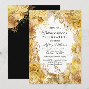 Invitación Elegante Fiesta de las Flores Doradas Quinceanera