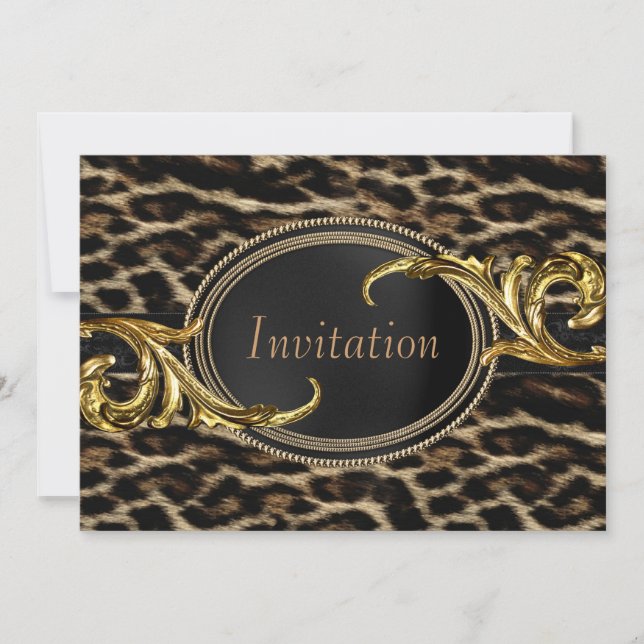 Invitación Elegante fiesta de leopardo negro y dorado (Anverso)