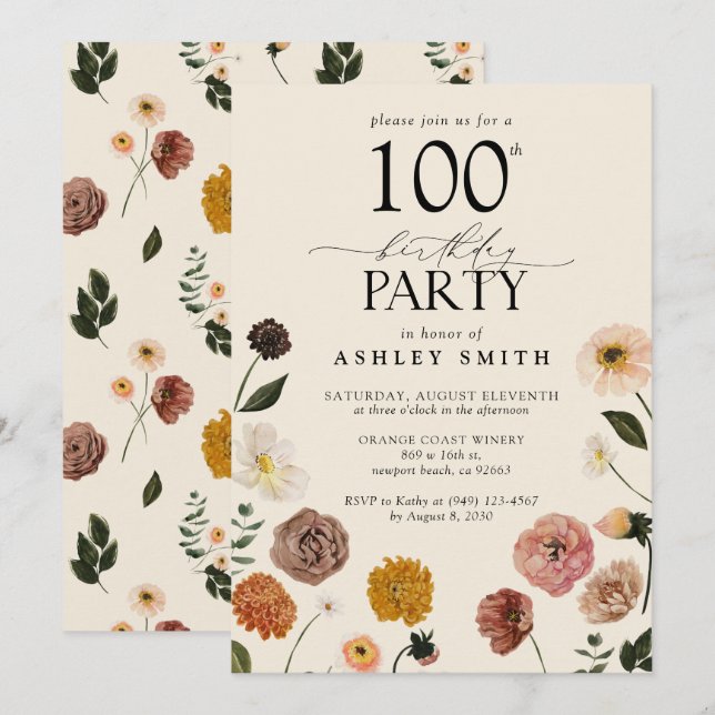 Invitación Elegante Fiesta de los Cien Años Flores Terracota (Anverso / Reverso)