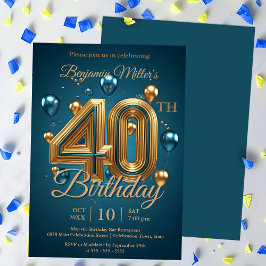 Invitación Elegante Fiesta de los Globos Azul y Oro 40 cumple