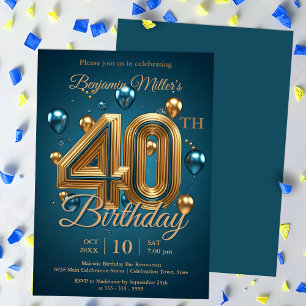 Invitación Elegante Fiesta de los Globos Azul y Oro 40 cumple