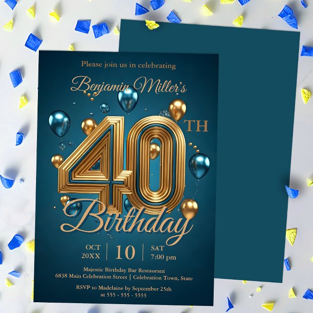 Invitación Elegante Fiesta de los Globos Azul y Oro 40 cumple (Subido por el creador)