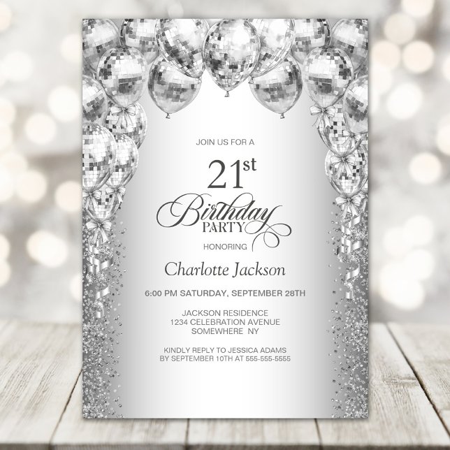 Invitación Elegante Fiesta de los Globos Plateados 21º cumple (Subido por el creador)