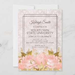 Invitación Elegante Fiesta de Maleta en Rosa Dorado Floral Ma