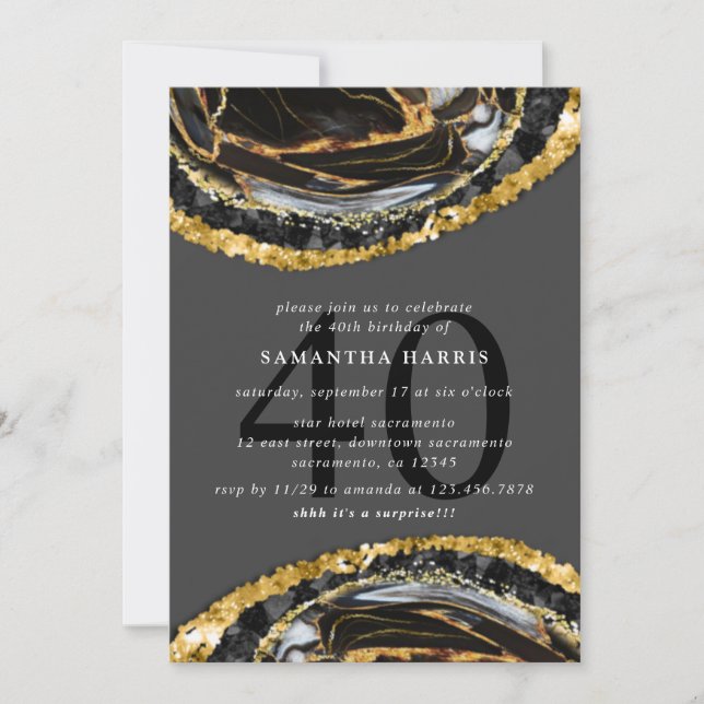 Invitación Elegante Fiesta de Mármol Negro Y Oro 40 cumpleaño (Anverso)