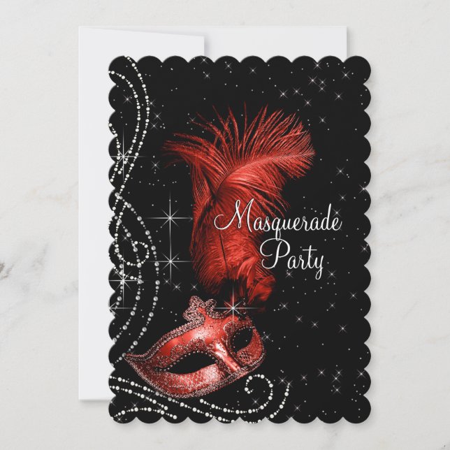 Invitación Elegante Fiesta de Máscara Negra y Roja (Anverso)