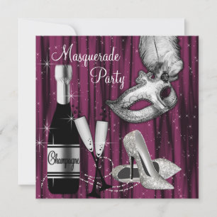 Invitación Elegante fiesta de máscara rosa caliente negro
