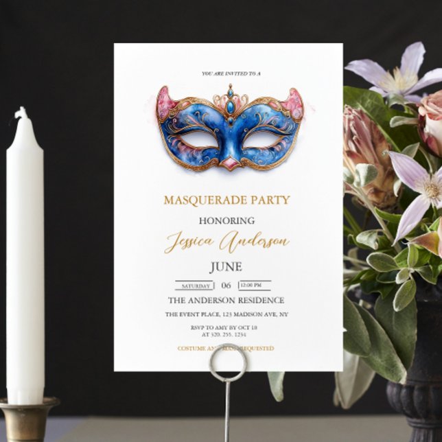 Invitación Elegante Fiesta de Mascarada Azul cumpleaños (Subido por el creador)