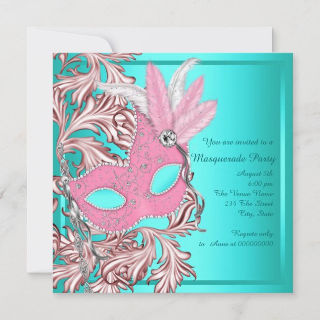 Invitación Elegante Fiesta de Mascarada Azul rosa y Verde azu (Anverso)