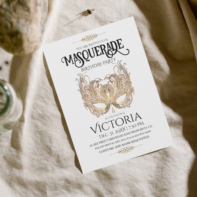 Invitación Elegante Fiesta de Mascarada de Oro Cumpleaños (Subido por el creador)