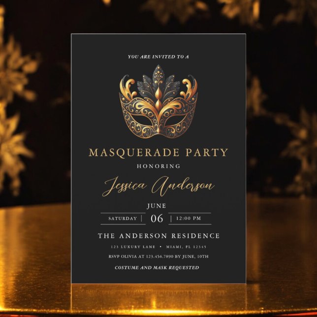 Invitación Elegante Fiesta de Mascarada de Oro Negro Cumpleañ (Subido por el creador)