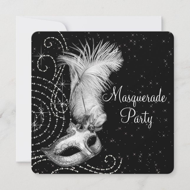 Invitación Elegante Fiesta de Mascaradas Blanco y Negro (Anverso)