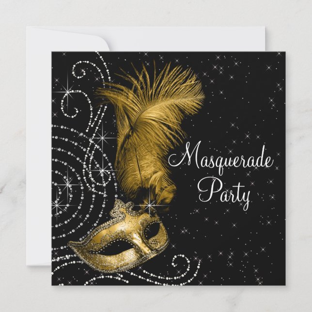 Invitación Elegante Fiesta de Mascaradas de Negro y Oro (Anverso)