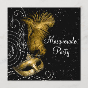 Invitación Elegante Fiesta de Mascaradas de Negro y Oro
